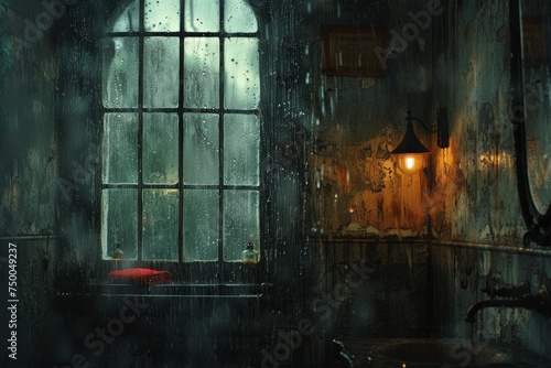 Rainy ambiance outside a vintage window, warm light of a lantern contrasts with the cool blue tones of a wet night. Warm glow from a single lantern battles the chill of a blue-hued rainy
