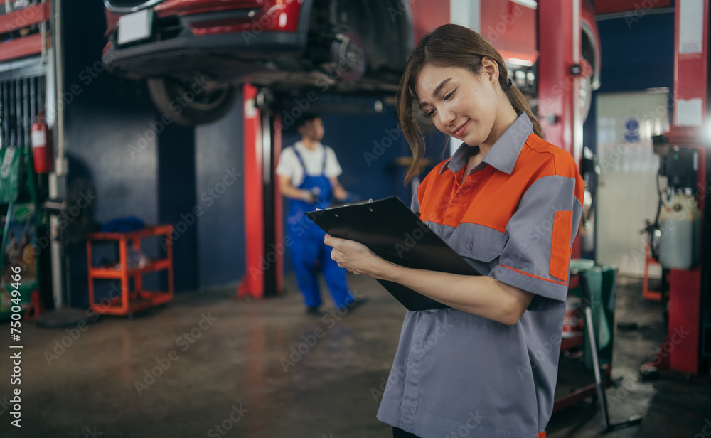 Asian woman office employee holding clipboard standing at auto repair shop. Female staff working and checking car maintenance list after service