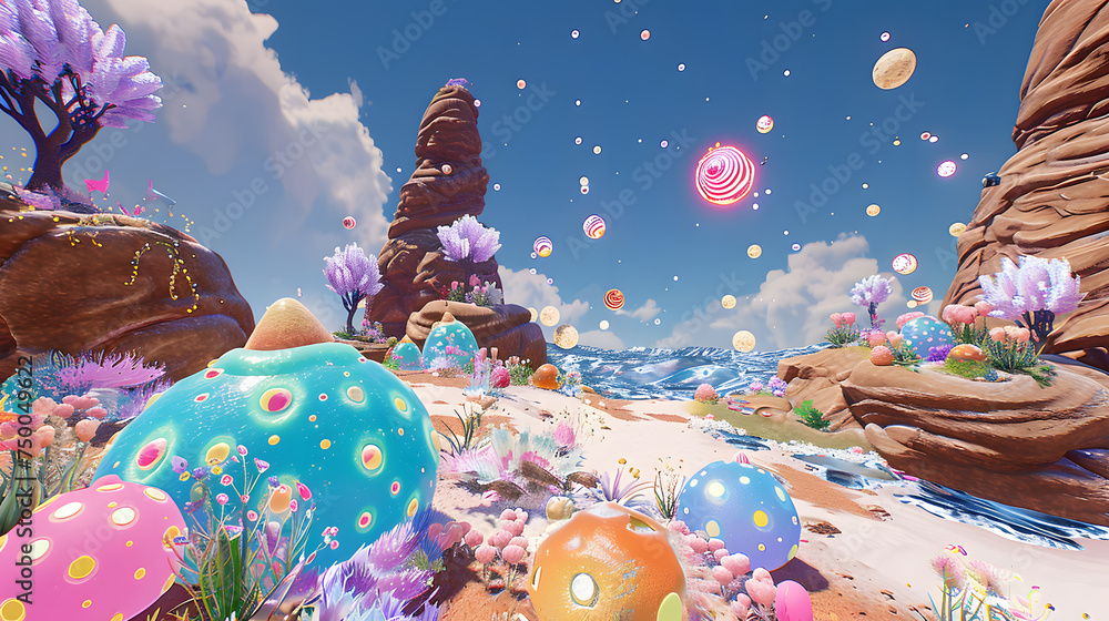 A playful and whimsical landscape filled with candy-like rocks, floating sweets, and vibrant flora under a bright blue sky.
