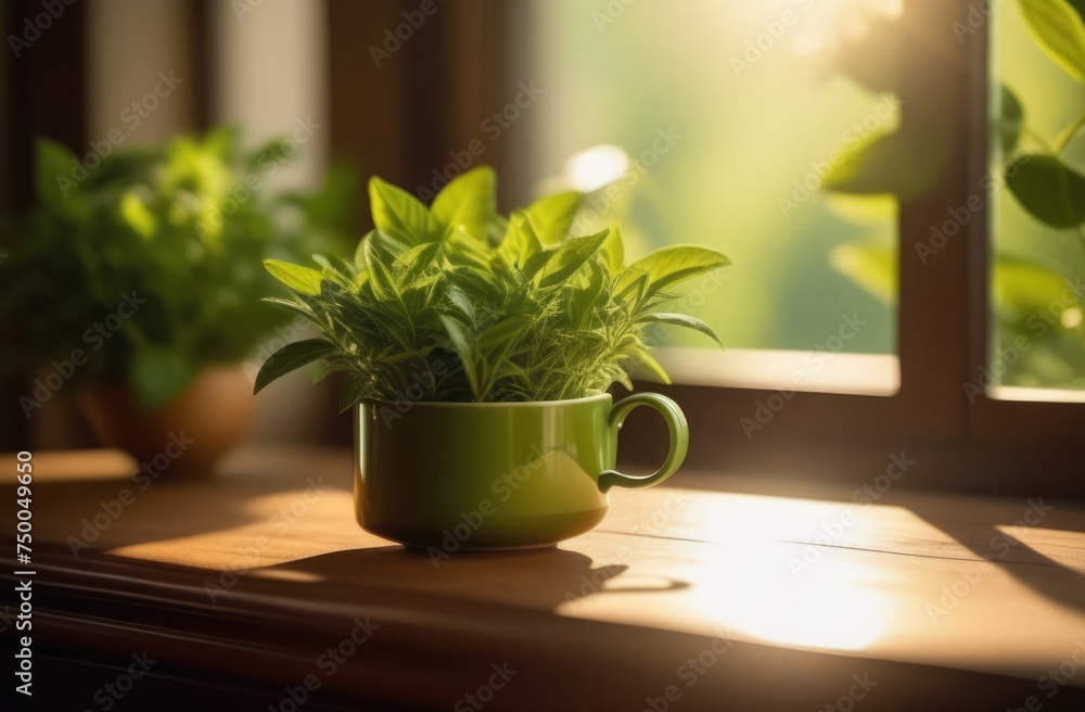 Tea leaves is in cup on table. Plant is surrounded by sunlight, which makes it look fresh, healthy. Cup of green tea sits on table, bathed in gentle sunlight streaming through window. Copy space. Tea leaves is in cup on table. Plant is surrounded by sunlight, which makes it look fresh, healthy. Cup of green tea sits on table, bathed in gentle sunlight streaming through window. Copy space.