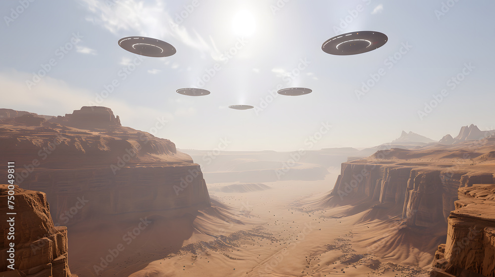 Digital art of three UFOs hovering silently over a vast desert canyon under a clear sky.
