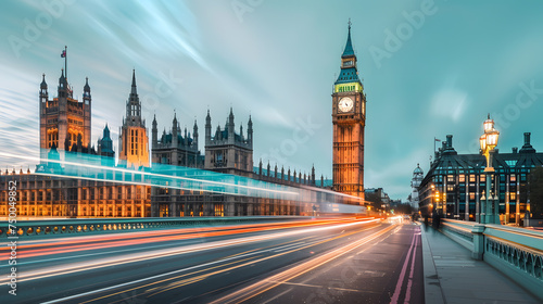 Evening traffic speeds by the historic Big Ben and Houses of Parliament in London  showcasing urban motion and heritage. 