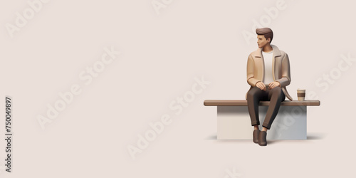 Handsome men sitting on a bench with cup of coffee, 3d render illustration in brown colors