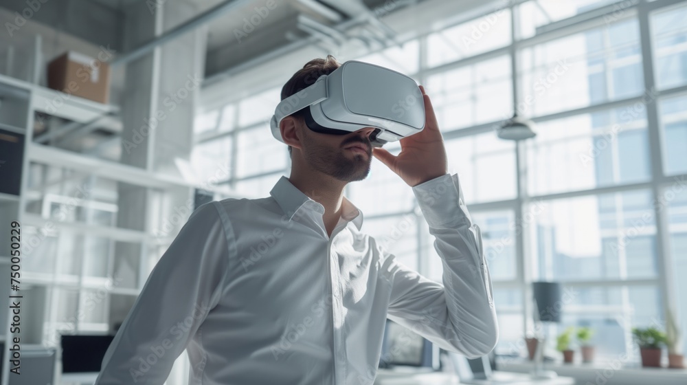 Concept futuristic design, Man Architect or Engineer wearing VR headset for working design architectural building model with BIM technology and virtual reality technology, generative ai