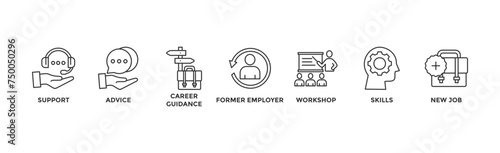 Outplacement banner web icon vector illustration concept with icon of support, advice, career guidance, former employer, workshop, skills, new job, training, and presentation	
