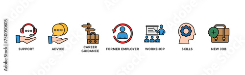 Outplacement banner web icon vector illustration concept with icon of support, advice, career guidance, former employer, workshop, skills, new job, training, and presentation	