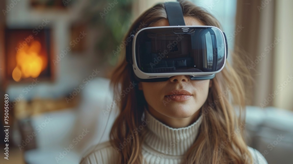 Young woman using virtual reality VR goggle at home for crucial online shopping experience. The virtual reality VR innovation optimized for female digital entertainment lifestyle Young woman using virtual reality VR goggle at home for crucial online shopping experience. The virtual reality VR innovation optimized for female digital entertainment lifestyle