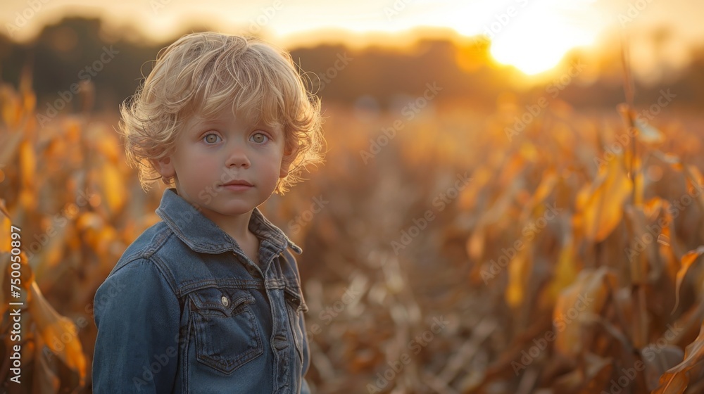 Young boy wanders in path made through corn field as leisure activity Young boy wanders in path made through corn field as leisure activity