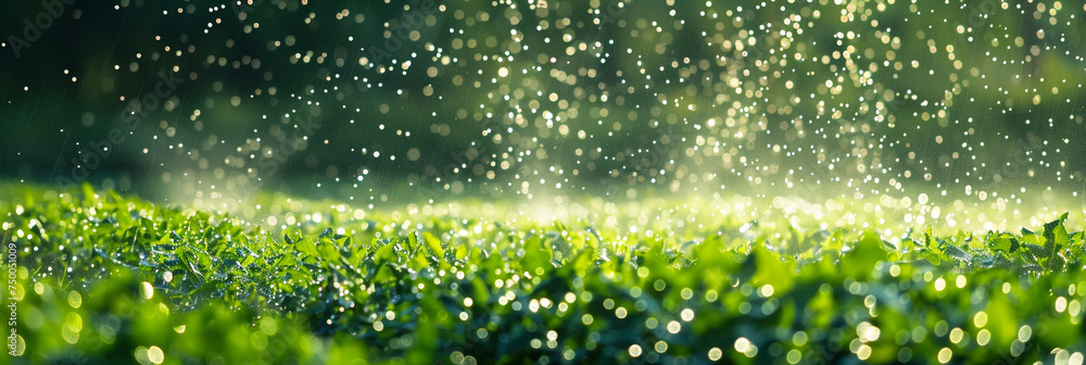 Water droplets glisten in the sunlight as irrigation sprinklers nourish crops in a lush green field, showcasing the intricate beauty of modern agricultural practices. - obrazy, fototapety, plakaty 