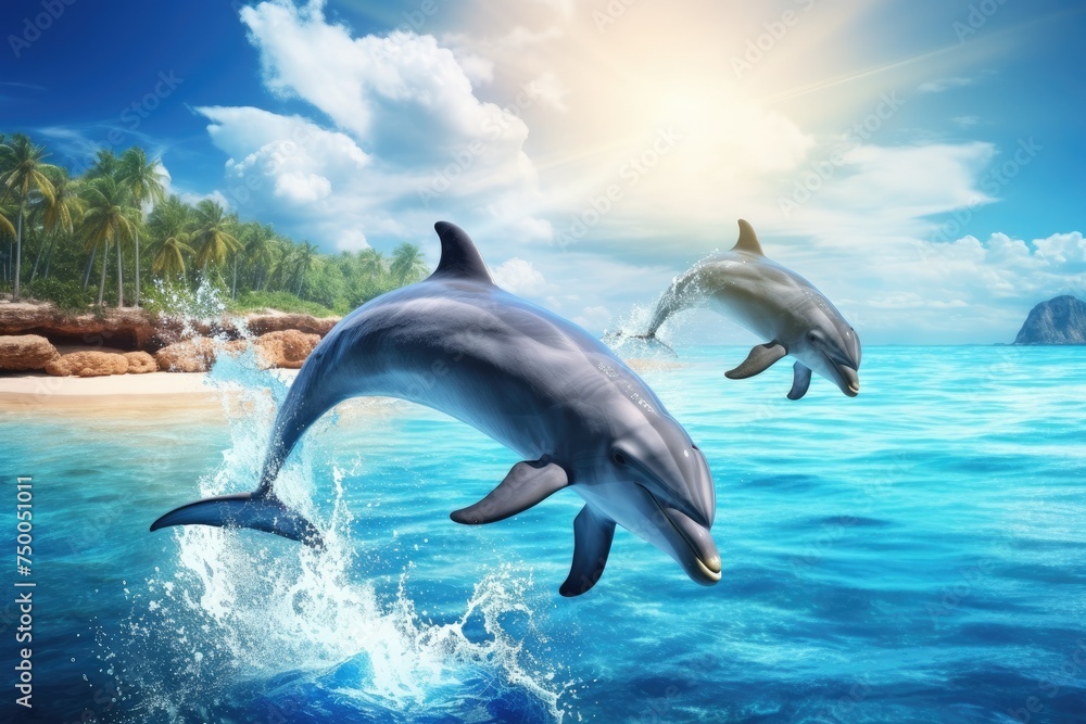 Cheerful dolphins leaping out of crystal clear waters, 3D playful dolphin leaping out of crystal clear turquoise water At sunset, Ai generated Cheerful dolphins leaping out of crystal clear waters, 3D playful dolphin leaping out of crystal clear turquoise water At sunset, Ai generated