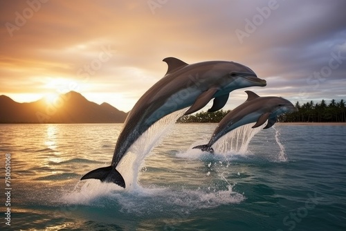 Cheerful dolphins leaping out of crystal clear waters, 3D playful dolphin leaping out of crystal clear turquoise water At sunset, Ai generated