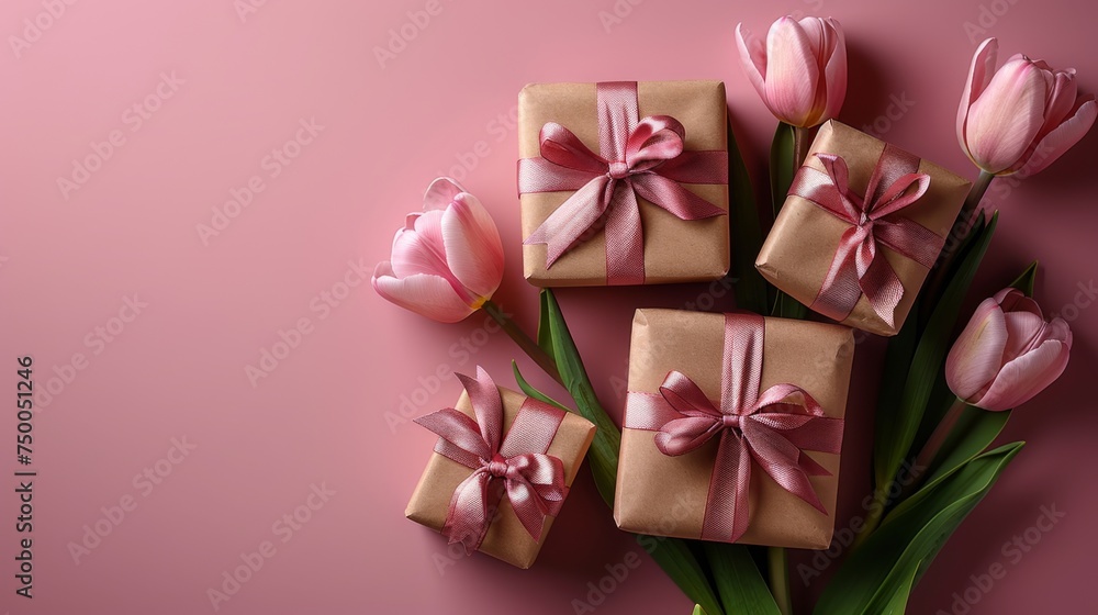 Top view photo of trendy gift boxes with ribbon bows and tulips on isolated pastel pink background Top view photo of trendy gift boxes with ribbon bows and tulips on isolated pastel pink background