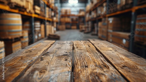 The empty wooden table top with blur background of warehouse storage. Exuberant image photo