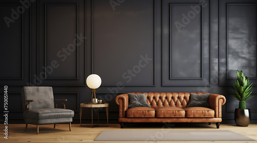 The interior has a sofa and armchair on empty dark wall background 
