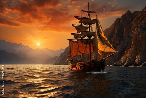 Vintage Frigate sailing into a fog bank. Beautiful sunset landscape. Ship at sea. Scarlet Sails