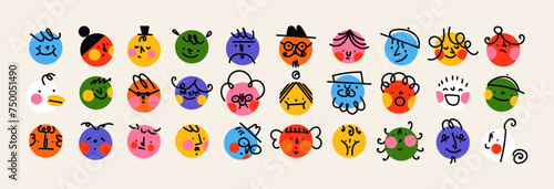Cartoon faces with emotions, doodle characters in retro groovy funky style. Stickers set of hand drawn round vector faces