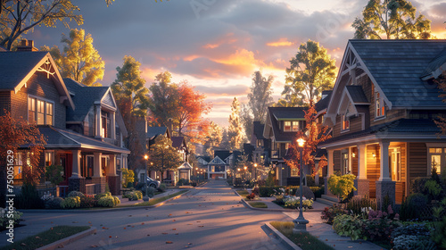 A suburban street at dawn, the soft light illuminating the craftsman homes, each displaying unique architectural features and simple yet elegant exteriors.
