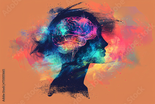 Silhouette of a head with a colorful brain inside, neurodiversity concept, ADHD, autism, autistic spectrum 