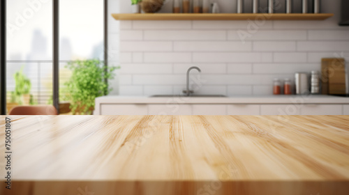 Wooden table top on blur kitchen room background  Modern kitchen room interior