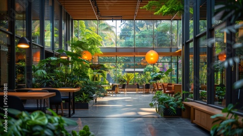 Green, sustainable and environmental office space with daily employee rush. Modern and nature friendly startup business with standards and care for worker wellness and healthy environment --ar 16:9 --