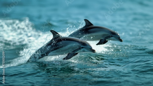 Dolphins jumping in ocean waters. Aquatic Sealife. Ocean. Endangered. Intelligent species.  © steve