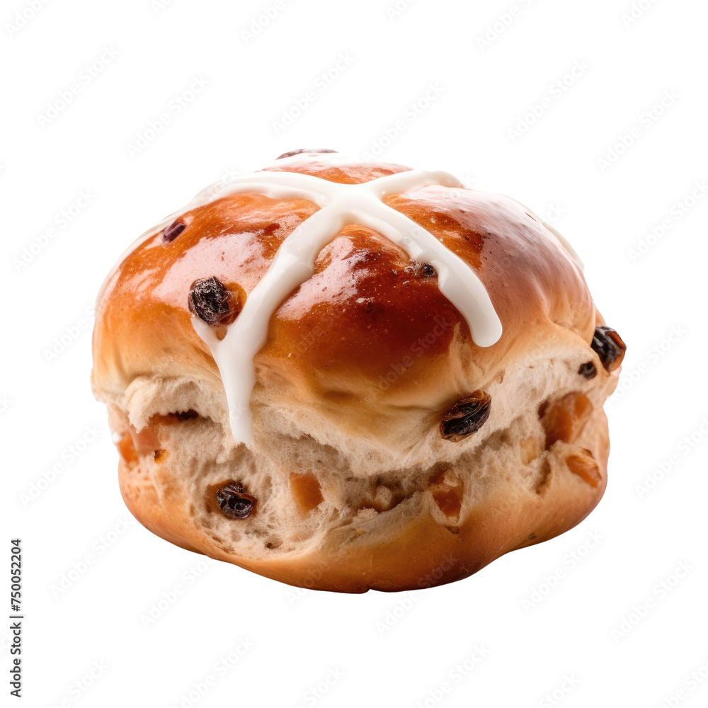 Freshly baked hot cross bun with a golden-brown crust and white icing cross, Concept of Easter treats and traditional bakery products Freshly baked hot cross bun with a golden-brown crust and white icing cross, Concept of Easter treats and traditional bakery products