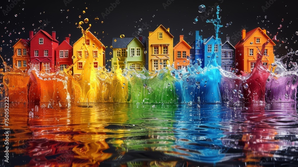 Colorful Cartoon Housesand splash water over black background 
