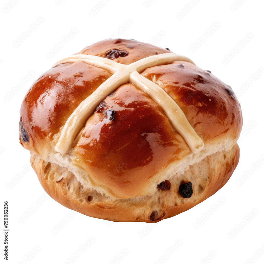 Freshly baked hot cross bun with a golden-brown crust and white icing cross, Concept of Easter treats and traditional bakery products - obrazy, fototapety, plakaty 