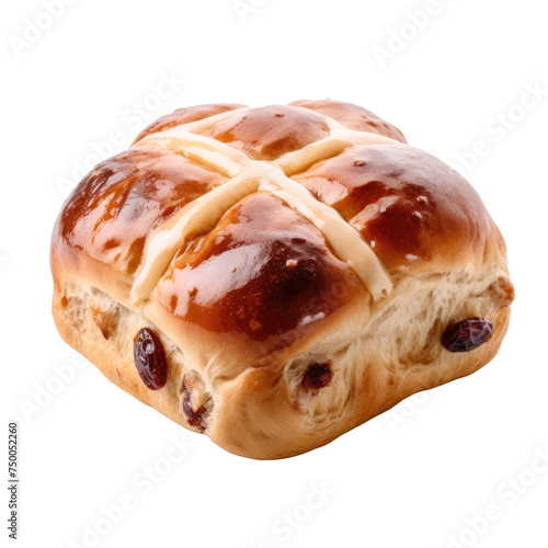 Freshly baked hot cross bun with a golden-brown crust and white icing cross, Concept of Easter treats and traditional bakery products