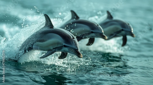 Dolphins jumping in ocean waters. Aquatic Sealife. Ocean. Endangered. Intelligent species. 