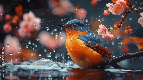 Colorful Bird. Songbird in Cherry Blossoms and splash water over black background 