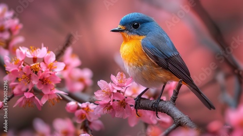 Colorful Bird. Songbird in Cherry Blossoms 