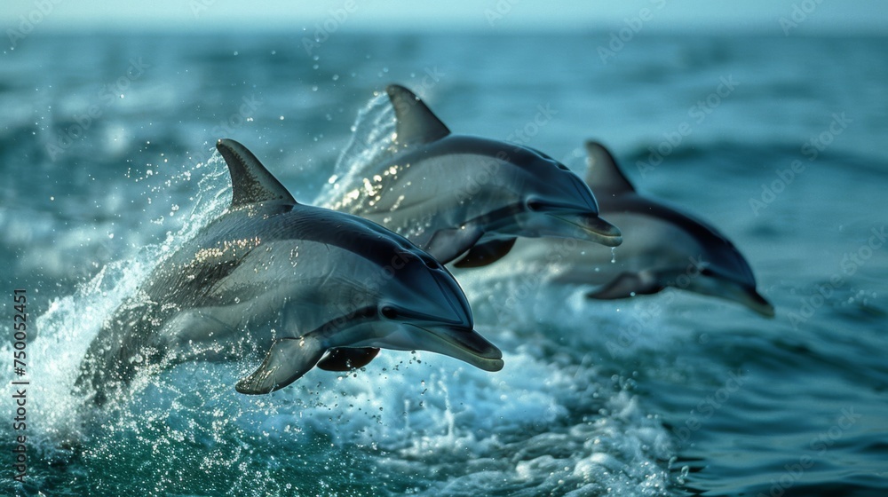 Fototapeta premium Dolphins jumping in ocean waters. Aquatic Sealife. Ocean. Endangered. Intelligent species. 
