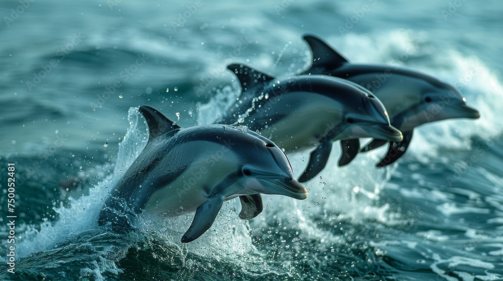 Obraz premium Dolphins jumping in ocean waters. Aquatic Sealife. Ocean. Endangered. Intelligent species. 