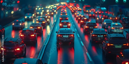 Nighttime rush hour with congested lanes of cars and commuters heading home. Concept Nighttime Traffic, Rush Hour, Congested Lanes, Commuters, Evening Commute photo