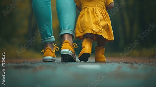 Close up legs of mother walk in fall park with little child girl with dry yellow autumn leaves. Mother, small kid son feet on steps. Family day 15 of may love parents, children concept, generative ai photo