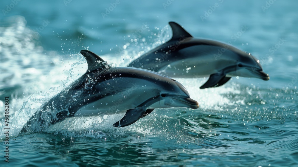 Obraz premium Dolphins jumping in ocean waters. Aquatic Sealife. Ocean. Endangered. Intelligent species. 