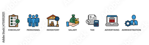 Cost reduction banner web icon vector illustration concept with icon of checklist, personnel, inventory, salary, tax, advertising and administration	