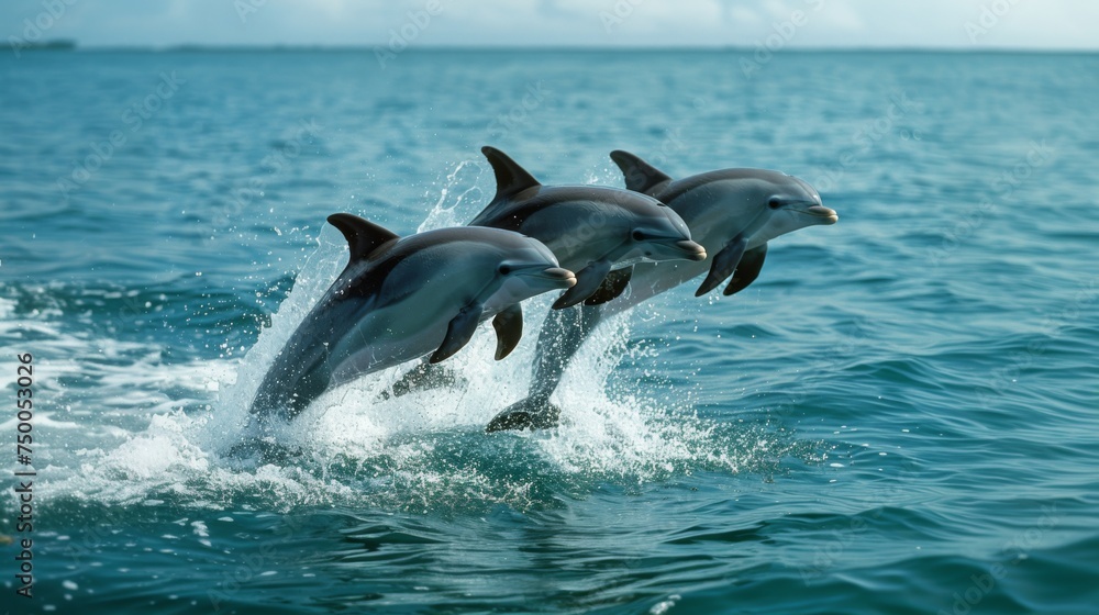 Fototapeta premium Dolphins jumping in ocean waters. Aquatic Sealife. Ocean. Endangered. Intelligent species. 