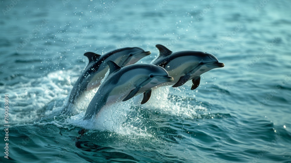 Fototapeta premium Dolphins jumping in ocean waters. Aquatic Sealife. Ocean. Endangered. Intelligent species. 