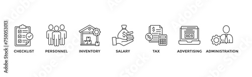 Cost reduction banner web icon vector illustration concept with icon of checklist, personnel, inventory, salary, tax, advertising and administration	
