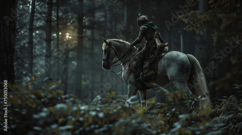 Medieval Knight Riding Horse Through Dark Forest Woods
