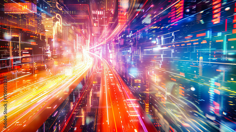 Speed of Light in Urban Night, Futuristic City with Blurred Traffic, Abstract Technology and Motion Concept Speed of Light in Urban Night, Futuristic City with Blurred Traffic, Abstract Technology and Motion Concept