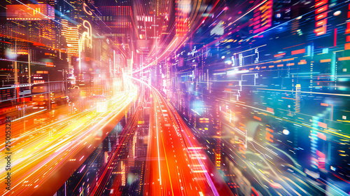 Speed of Light in Urban Night, Futuristic City with Blurred Traffic, Abstract Technology and Motion Concept