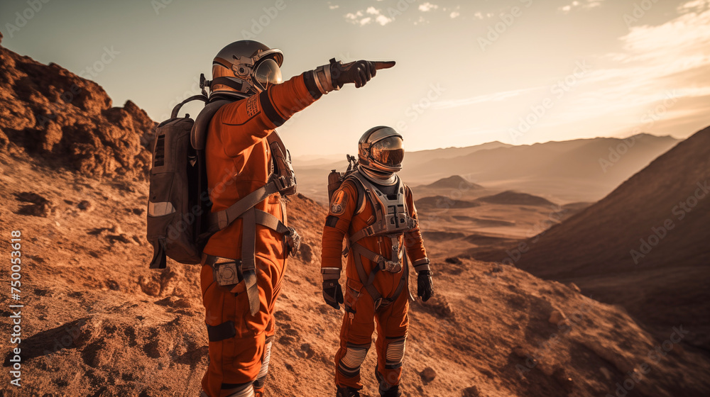 Two astronaut on Mars looking environment for space exploration. Two astronauts in spacesuits walk toward research station, colony or scientific base on Mars. Mars exploration Two astronaut on Mars looking environment for space exploration. Two astronauts in spacesuits walk toward research station, colony or scientific base on Mars. Mars exploration
