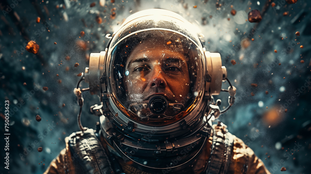Head shot of attractive man astronaut wearing a helmet in outer space looking at planet earth. Man astronaut wearing space helmet and suit. Space travel and exploration. Mars exploration Head shot of attractive man astronaut wearing a helmet in outer space looking at planet earth. Man astronaut wearing space helmet and suit. Space travel and exploration. Mars exploration