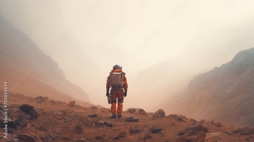 Rear view of an astronaut wearing a space suit walking on the surface of the red planet. First manned mission to Mars, space exploration colonization. Mars exploration - obrazy, fototapety, plakaty 