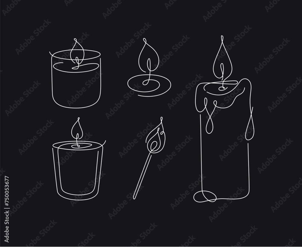Candles glass, classic, jar, spiral, match set drawing in linear style on black background