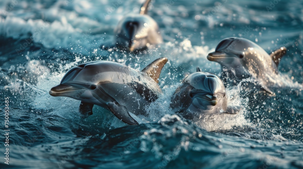 Obraz premium Dolphins jumping in ocean waters. Aquatic Sealife. Ocean. Endangered. Intelligent species. 
