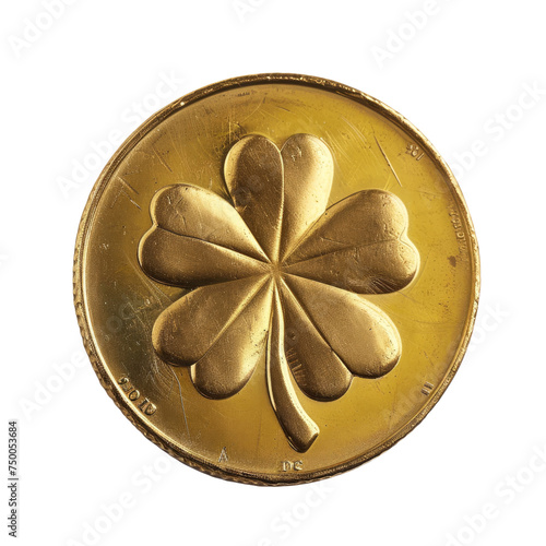Gold coin with a four-leaf clover relief, concept of luck and prosperity in finance and collecting